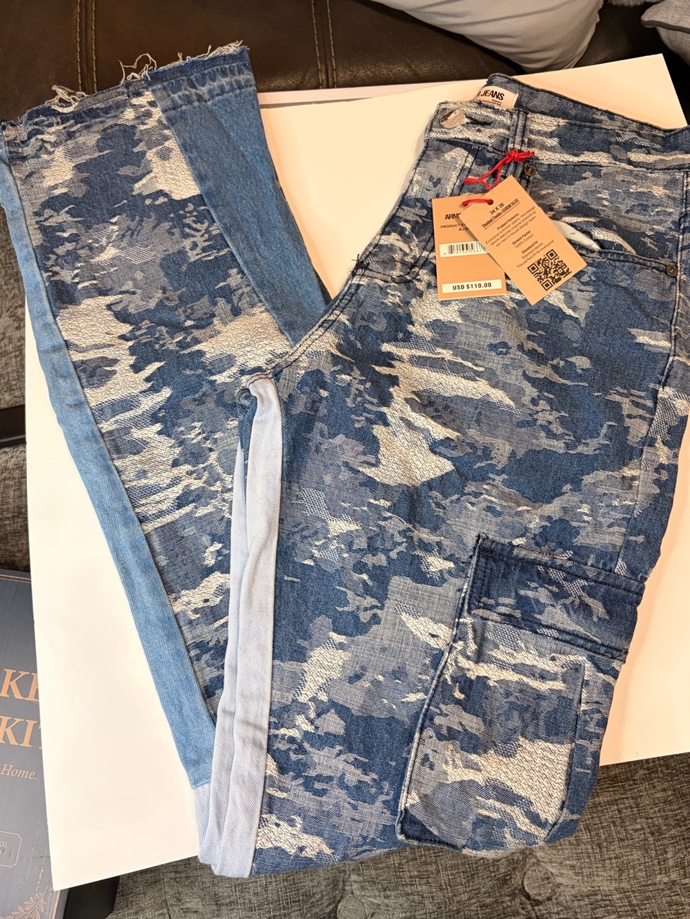 Men's Blue Camo Patchwork Stacked Jeans